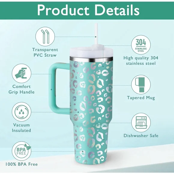 40 Oz Tumbler W/Handle, Straw, Insulated, Stainless Steel Spill Proof•New - Picture 4 of 6